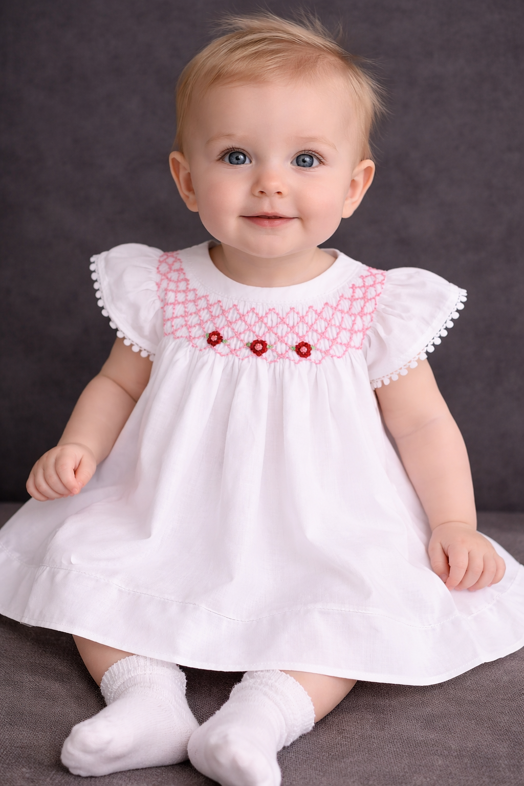 Newborn white Petal Bishop smocked Dress