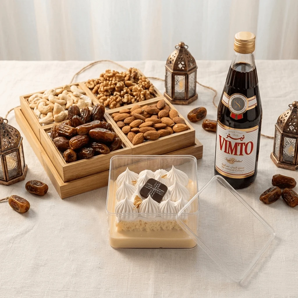 Ramadan Iftar Delight Hamper with Dates, Premium Nuts, Dessert & Vimto