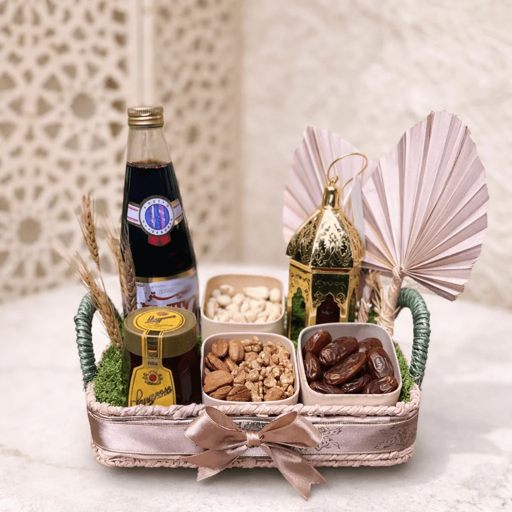 Elegant Ramadan Dates, Nuts & Honey Gift Hamper with Decorative Lantern