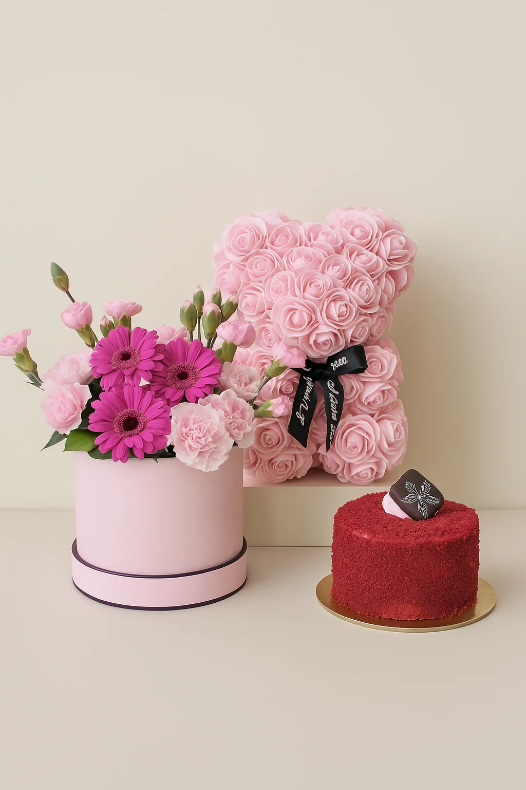 Sweet Blush Luxury Gift Box | Rose Bear, Flowers & Red Velvet Pastry