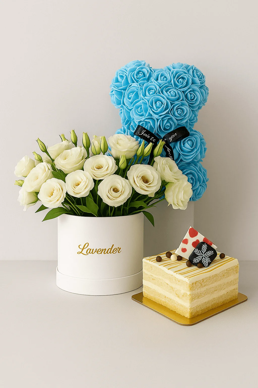 Blue Bliss Luxury Gift Box | Rose Bear, Lisianthus & Butterscotch Pastry