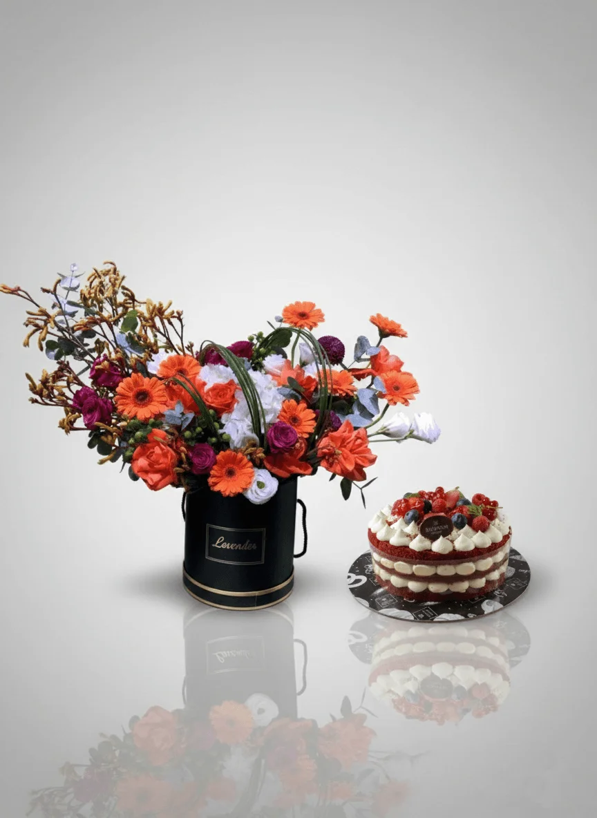 Luxury Red Velvet Cake and Mixed Flowers | Exotic Gift Combo UAE