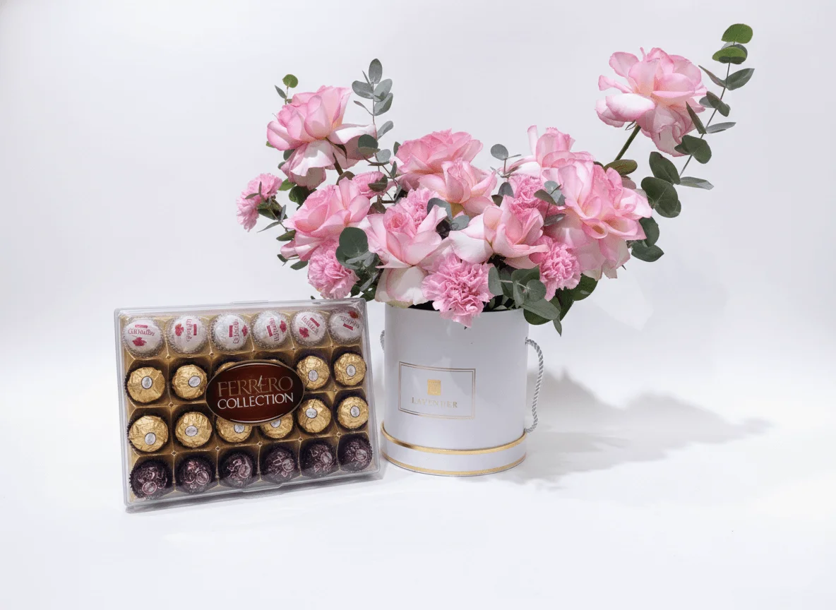 Elegant Pink Rose & Carnation Flower Box with Ferrero Rocher Collection (259g)