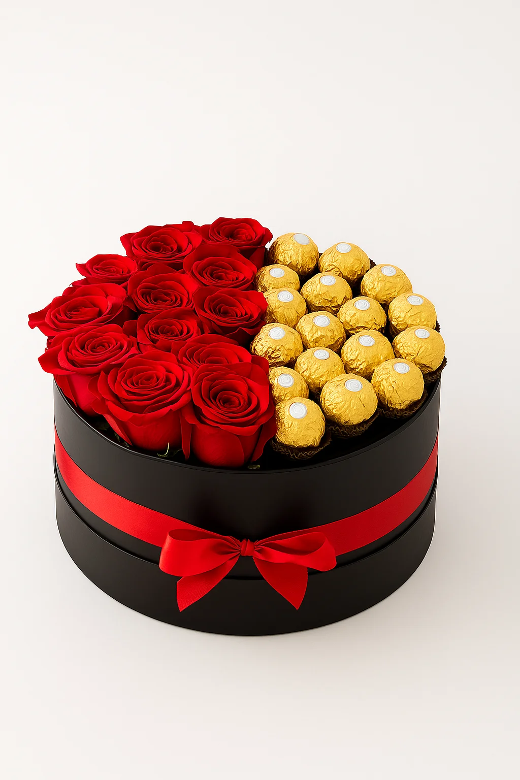 12 Red Roses with Ferrero Rocher 16 Pcs | Romantic Flower Basket Gift UAE