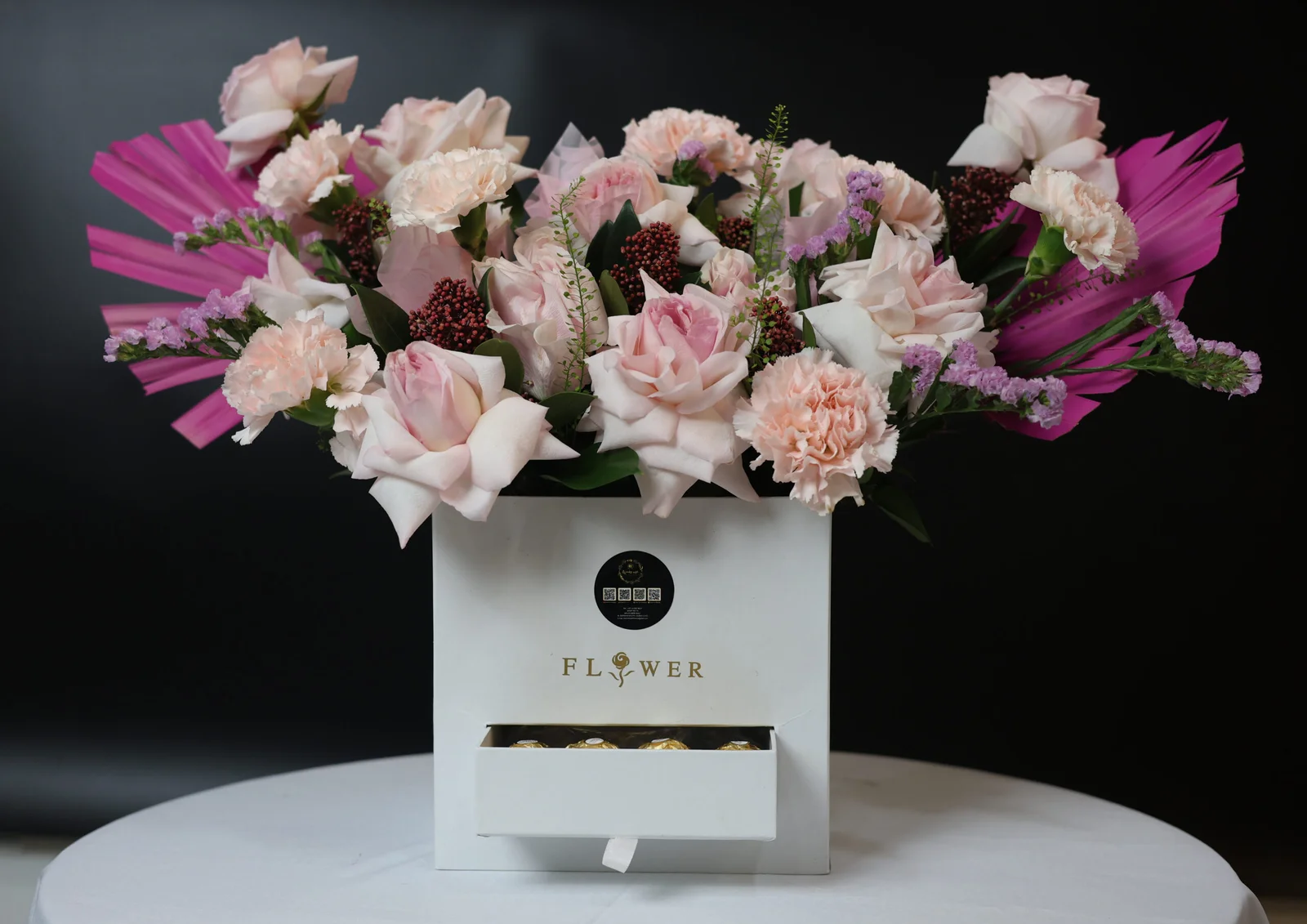 Pink Serenade – Fresh O’Hara Roses, Carnations & Ferrero Rocher in White Box
