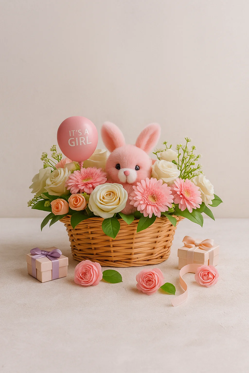 Baby Girl Birthday Flower Basket with Peonies, Gift Boxes “It’s a Girl” Balloon