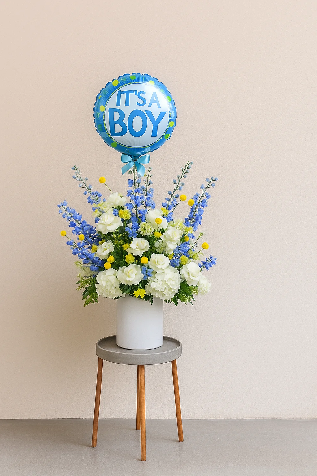 Baby Boy Birth Flower Arrangement with White Hydrangea, Roses & Helium Balloon