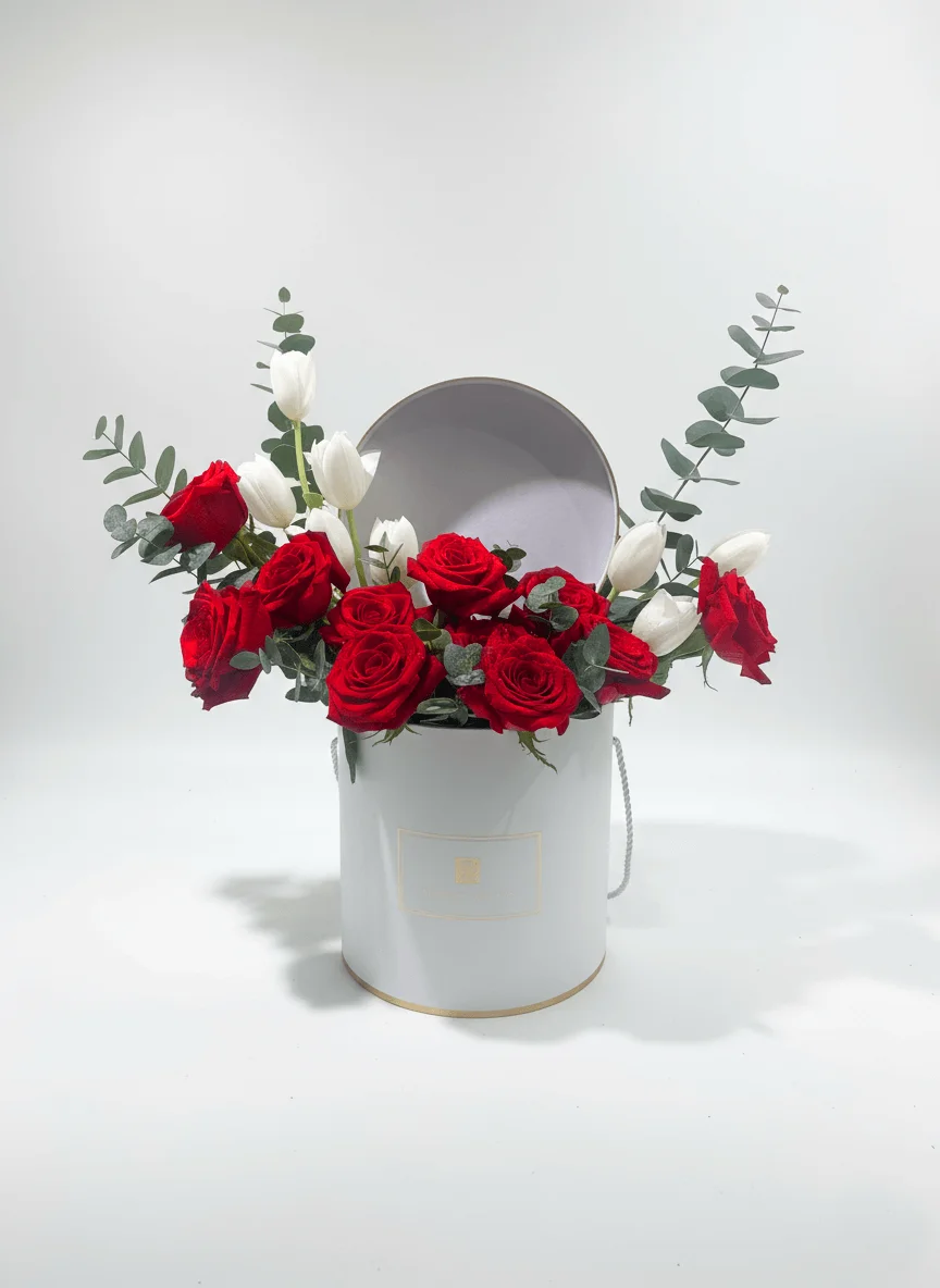 Valentine’s Love Harmony Flower Basket | Red Roses, White Tulips & Eucalyptus